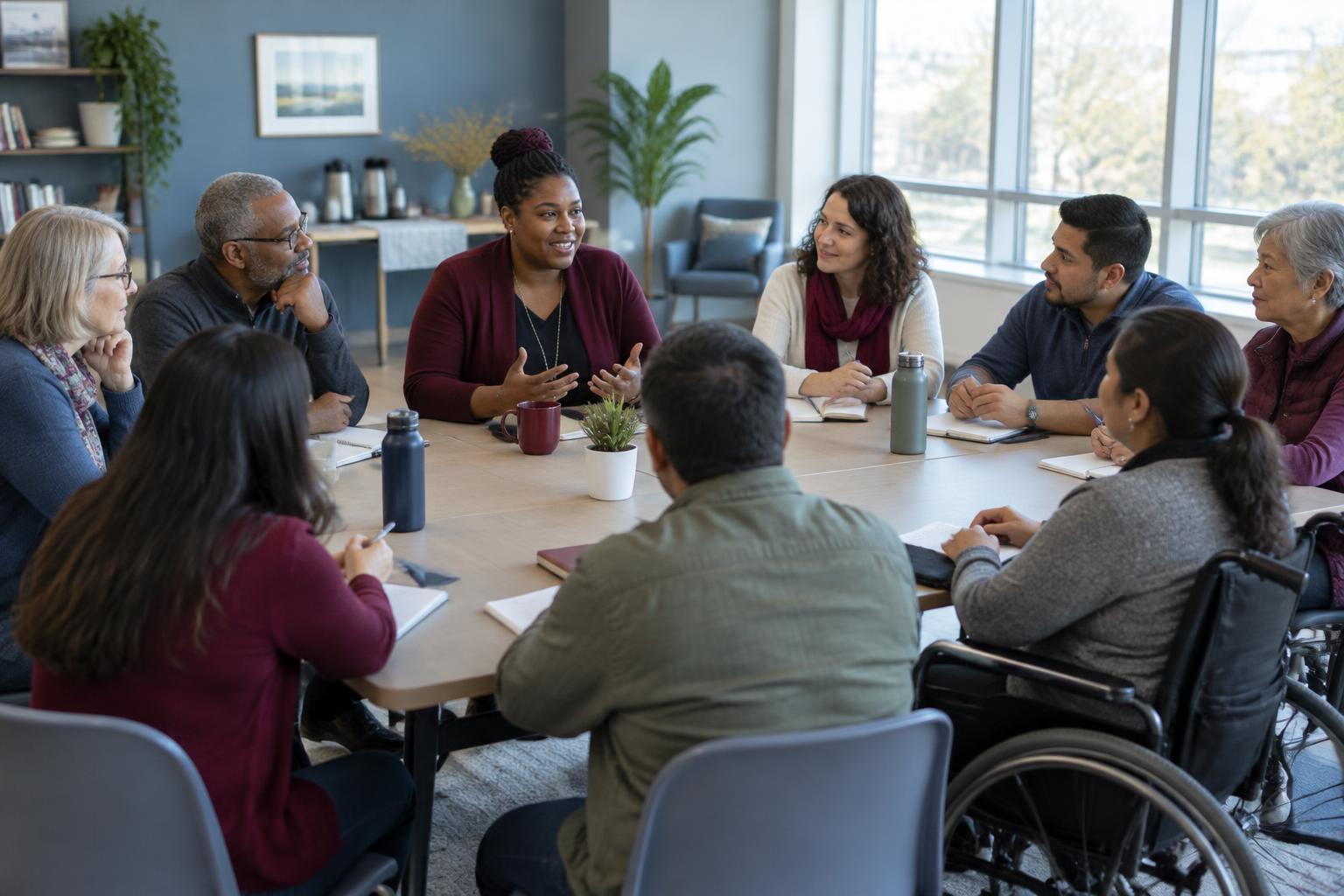Illustrative diverse participants in a community listening workshop