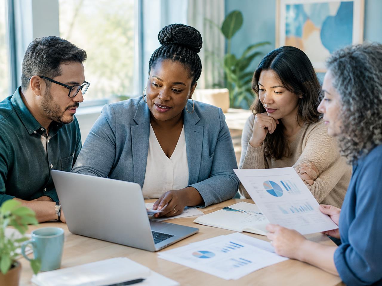 Illustrative diverse colleagues reviewing survey charts together