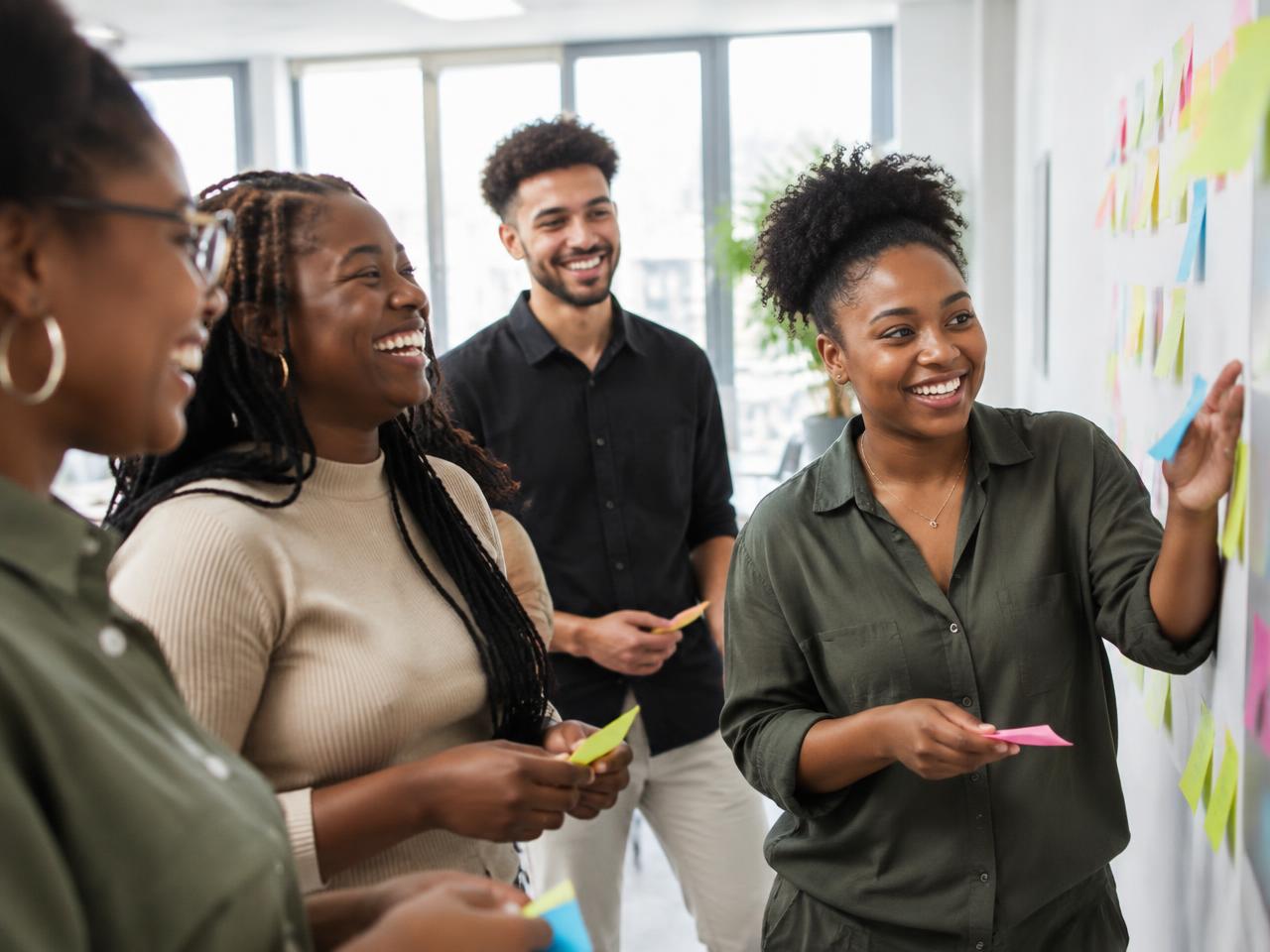 Illustrative coworkers laughing during a team building activity