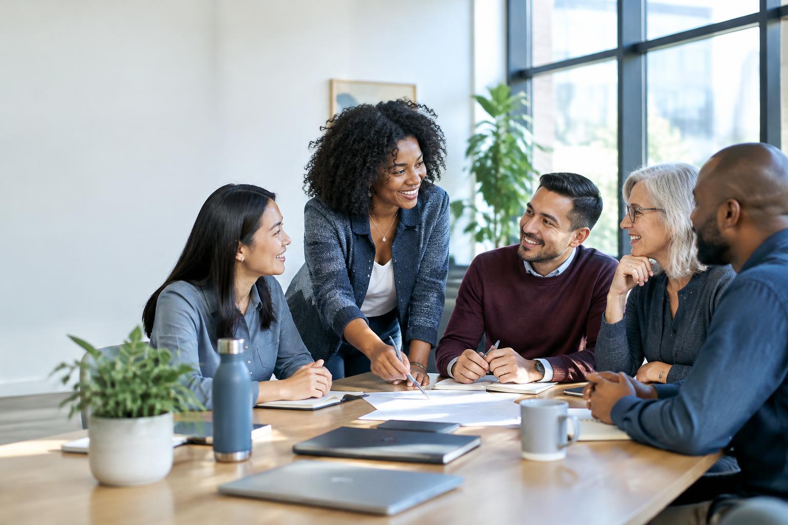 Illustrative diverse colleagues in a bright meeting, leaning in and talking together